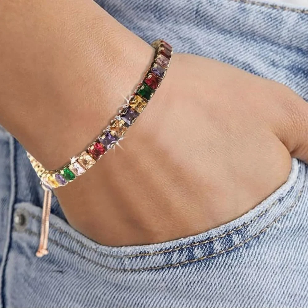 Multicolor Adjustable Tennis Bracelet. Gold w/adjustable slider-up to 10”! - Picture 6 of 14